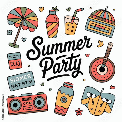Hand-drawn summer party elements and lettering doodle illustration