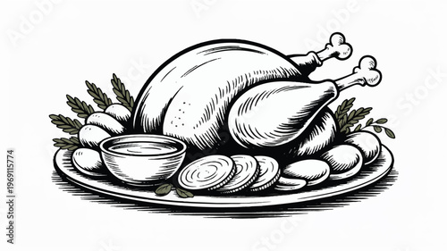 Hand-drawn roasted turkey with garnishes