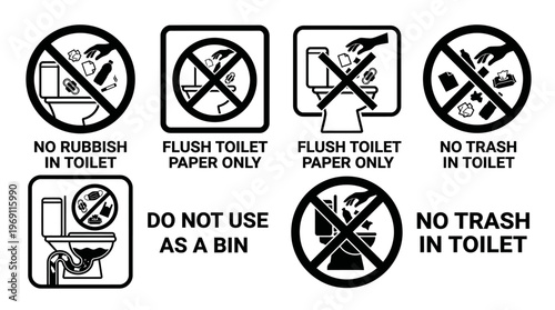 No throw paper or trash on toilet. Set of no toilet littering vector stickers. Prohibition, forbidden and warning signs for WC. Rule for WC.