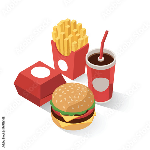 Fast food meal with burger, french fries, and soda, junk food, unhealthy food, digital art, food court, convenience food, food delivery, food service