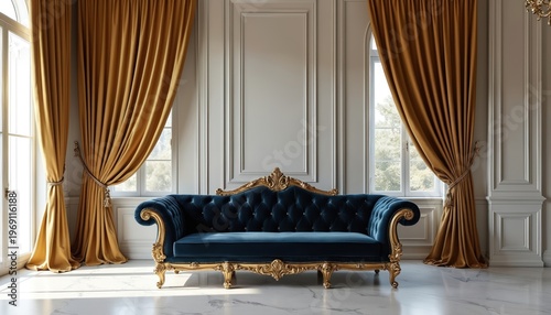 Elegant dark blue velvet sofa with ornate gold trim stands in a room with tall windows and golden drapes. The luxurious interior has paneled walls and marble floor reflecting sunlight.