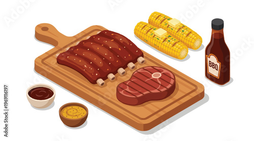 Barbecue meat platter with ribs, steak, and corn, cutting board, food platter, pork ribs, beef steak, grilled corn, meat lover, food illustration