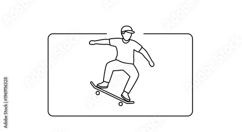 Clean vector outline illustration of a person skateboarding, showcasing youthful energy and urban