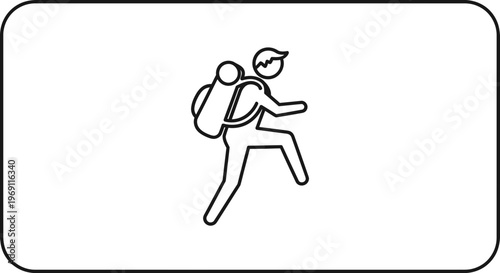 Dynamic minimalist line art of an individual with a backpack ascending a challenging path