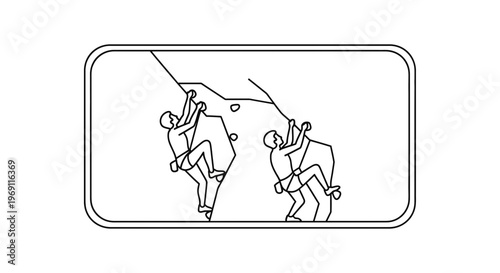 Minimalist line art illustration depicting two adventurers actively scaling a challenging rock