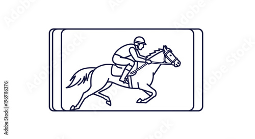 Dynamic black line art depiction of a swift horse and jockey in full gallop within a graphic frame