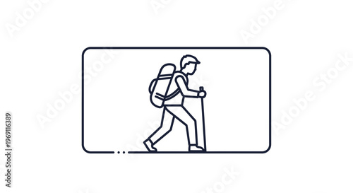 Minimalist line art icon of a solo hiker with a backpack and trekking pole, representing outdoor