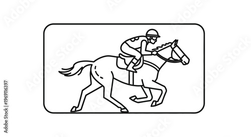 Minimalist black and white line art depicting a jockey and horse in motion during a race