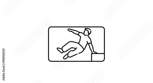 Minimalist line art illustration of an agile traceur performing a vault movement over an urban