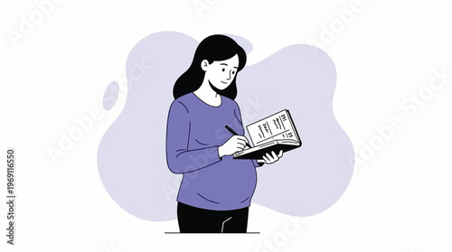 Happy Expectant Mother Tracking Pregnancy Progress and Health in a Notebook Illustration