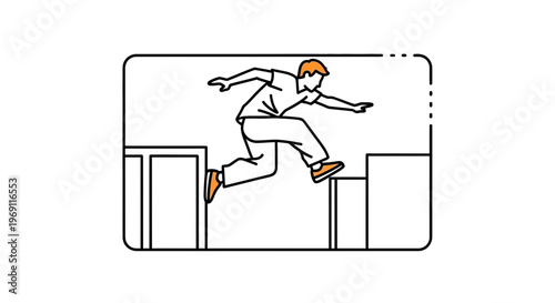 Dynamic individual leaping across urban obstacles with impressive agility and precise movement in