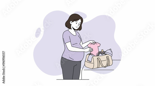 Happy Pregnant Woman Packing Hospital Bag with Baby Clothes, Preparing for Childbirth and Parenthood, Maternity Preparation Concept
