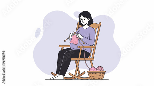 Smiling Pregnant Woman Knitting in Rocking Chair, Preparing for Baby's Arrival with Handmade Clothes, Cozy Hobby Illustration