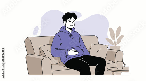 Content Young Man in Purple Hoodie Relaxing on Sofa, Feeling Satisfied and Peaceful at Home