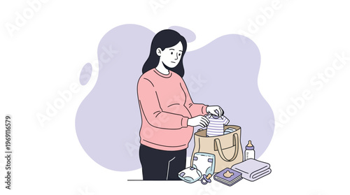 Expectant Mother Thoughtfully Packing a Hospital Bag with Essential Baby Items in a Minimalist Illustration