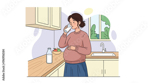 Pregnant Woman Drinking Milk in Kitchen: Promoting Maternal Health and Prenatal Nutrition Illustration