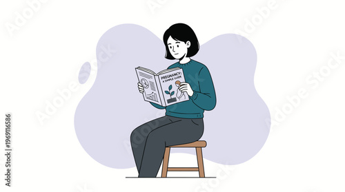 Young Woman Peacefully Reading 'Pregnancy: A Simple Guide' Book, Preparing for Motherhood with Knowledge