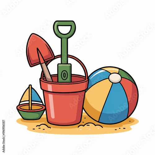 Beach bucket and sand toys with beach ball and sailboat with sand castle tools with graphic design with holiday accessories with sunny day