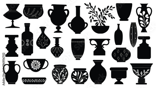 Assorted antique ceramic and stoneware vases and jugs in monochrome illustration