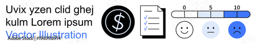 Financial analysis, customer feedback, business metrics, budgeting, user satisfaction, performance reviews. Dollar sign, checklist satisfaction scale. Financial analysis and customer feedback