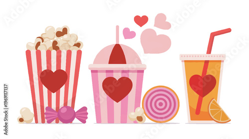 Valentine's day movie night treats collection with popcorn, drinks, and candy, valentines day, flat lay, date night, white background, still life