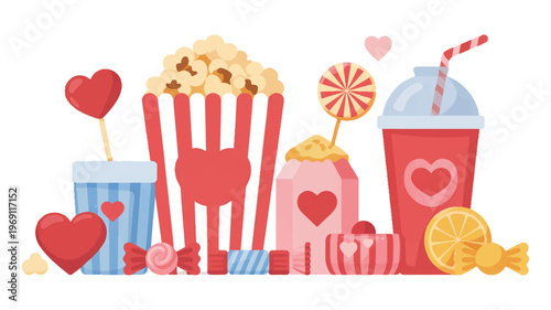 Romantic valentine's day snacks set with popcorn, sweet drinks, and candy, valentines day, movie night, flat lay, date night, white background
