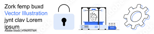 Technology, innovation, security, manufacturing, health science, engineering. A 3D printer creating a heart model, a padlock and a gear. Technology and innovation visualization