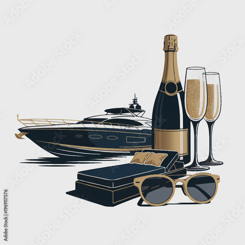 Yacht, champagne, and sunglasses - luxury lifestyle