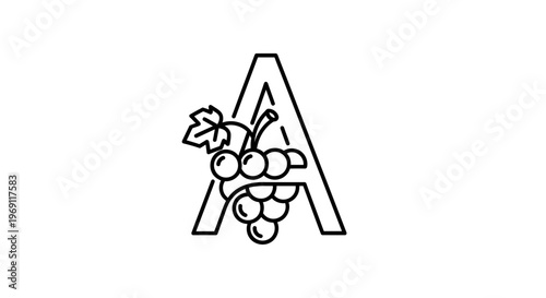 Minimalist black outline letter A with grape cluster and leaf design elegant fruit typography mark