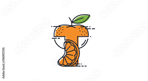 Vibrant vector illustration of a unique letter T icon formed by an orange with a juicy slice for