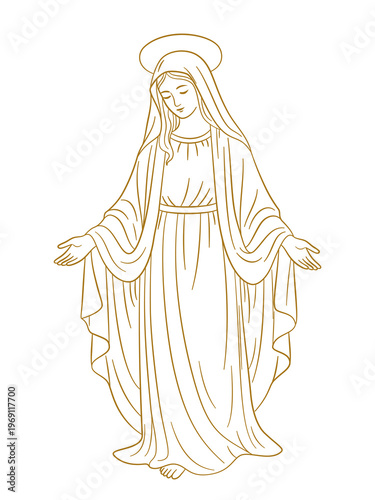 Matka Boska Niepokalana z aureolą i rozłożonymi ramionami, wyciągniętymi w geście błogosławieństwa.