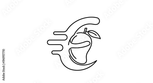 Minimalist continuous line art mango illustration with flowing organic liquid shape modern fruit