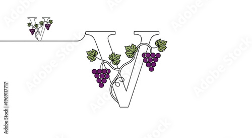 Elegant continuous line art monogram V featuring flowing grapevines and ripe purple berries