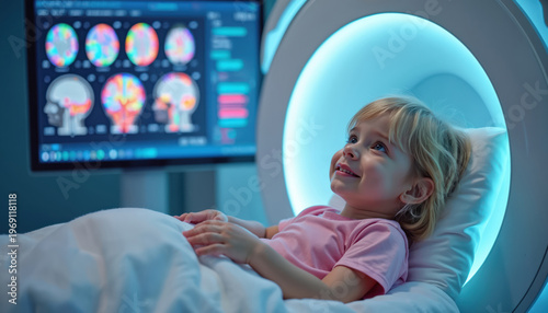 Young child lies in MRI machine, looking curious. Medical scan of brain performed with modern tech. Hospital bed, bright blue light, screen displays scans.
