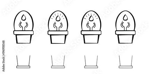 Four identical containers with liquid levels and directional arrows labeled g