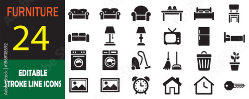Furniture icons, editable stroke line icons, 24 piece set, black and white graphics, interior design elements