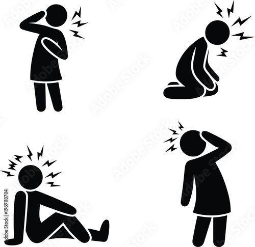 Four black stick figures showing pain and discomfort