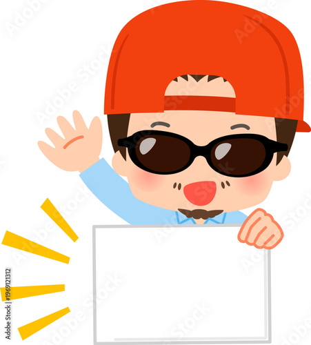 フリップを持ち手を挙げるディレクターの男性