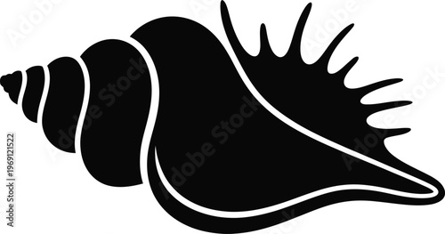 Black silhouette of a spiral seashell with spiky protrusions