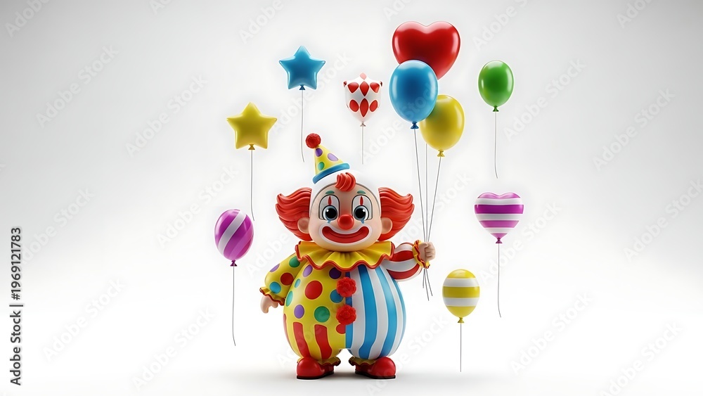 Naklejka premium Colorful clown holding bunch of vibrant balloons on strings smiling