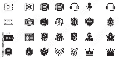 Gaming icons, badges, and symbols, 25 black vector graphics, set of gaming achievements and rewards