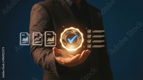 Quality assurance, Certification, Standards, Compliance, Business, Management, Guarantee of high quality and performance with digital checklist and data analysis report icons.