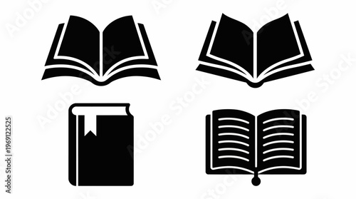 Collection of four black book icons featuring two open books and two closed/lined books, ideal for education, reading, libraries, publishing, and literacy visuals.