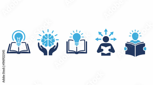 Set of five blue line-art icons representing education, learning, and innovation with books, ideas, and a graduate