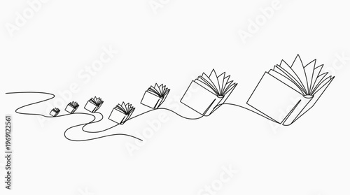 Whimsical line-drawing illustration of a small creature following a trail of open books along a curved path, symbolizing curiosity, learning, and the journey of reading.