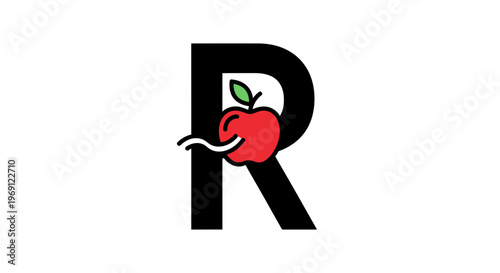 Dynamic R letter logo featuring a vibrant red apple with a playful wiggling worm graphic