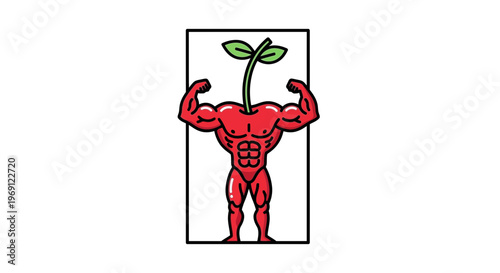 Muscular red fruit character flexing biceps in a bold cartoon style promoting strength and healthy
