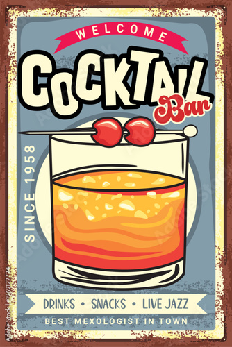 Vintage Welcome Cocktail Bar Poster with Cherry Drink Illustration