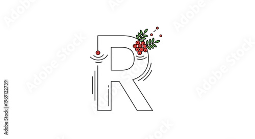 Elegant capital letter R vector art featuring whimsical rowan berries and delicate ripple adornments