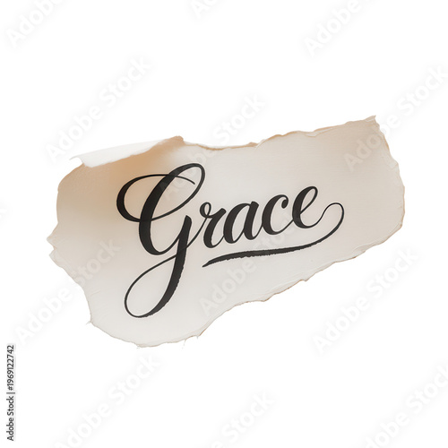 Word of Grace: Elegant handwritten script, the word Grace graces a piece of torn parchment, conveying a sense of serenity and timeless beauty.